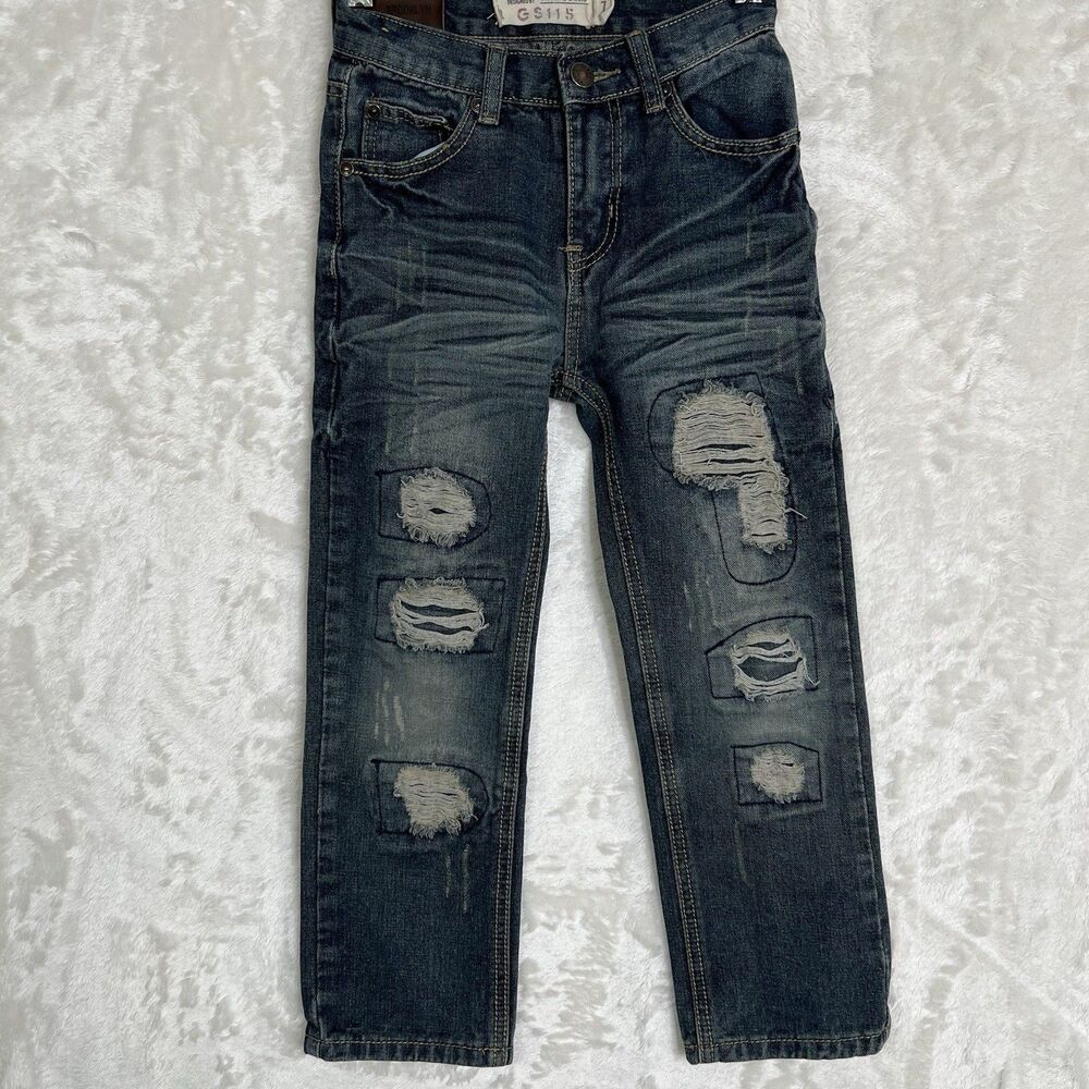 Boys Brooklyn GS115 Jeans Size 7 Straight Leg Blue Distressed Trashed Sandblast